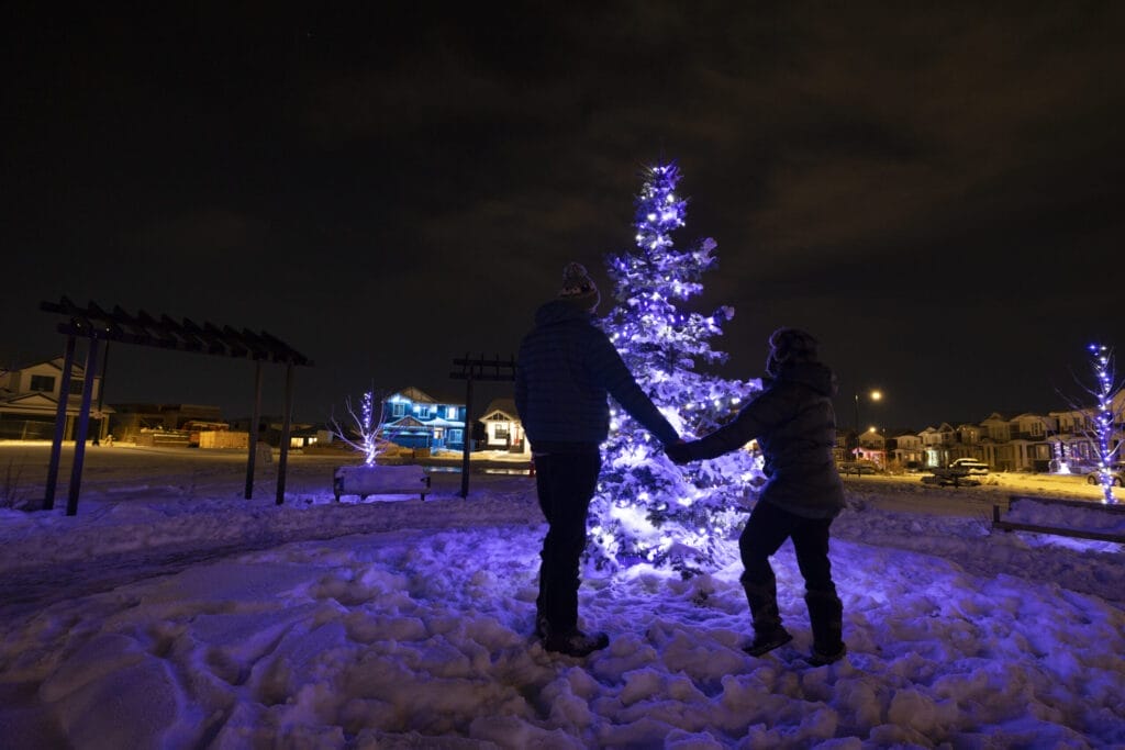 A couple holding hands in front of a beautifully lit Christmas tree at night in a snowy park, surrounded by softly glowing holiday lights.